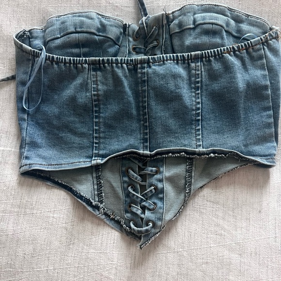 Fashion Nova Blue Lace-Up Denim Crop Top - Picture 6 of 7